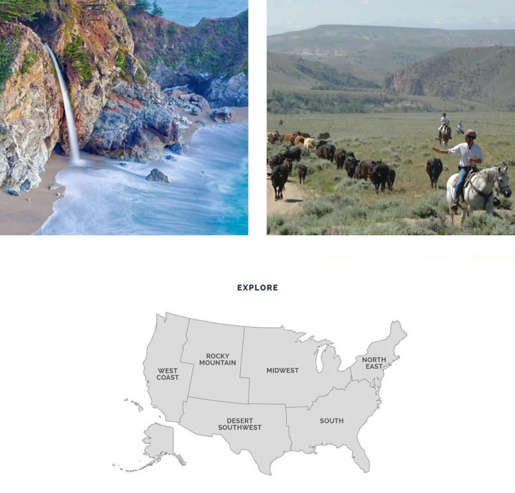 waterfall, cattle, US split into regions