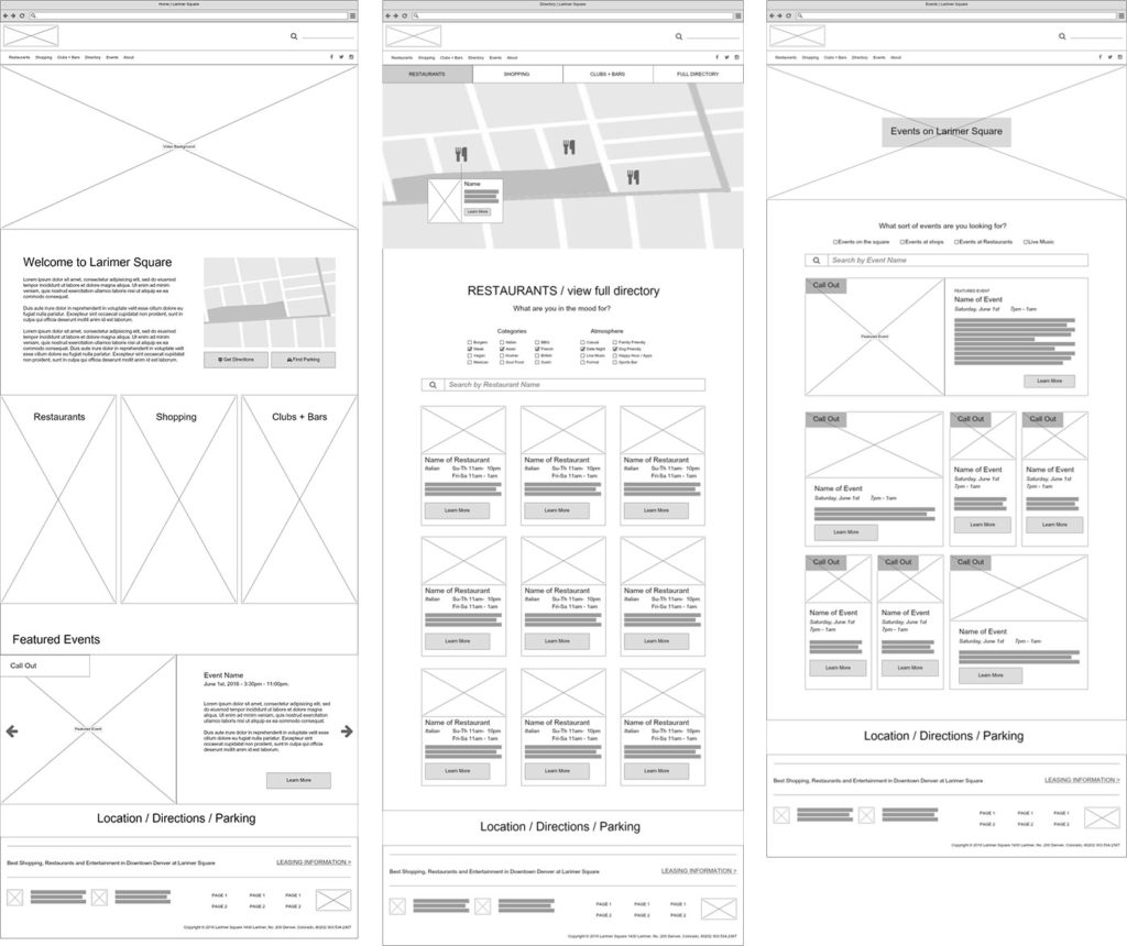 three website wire frames