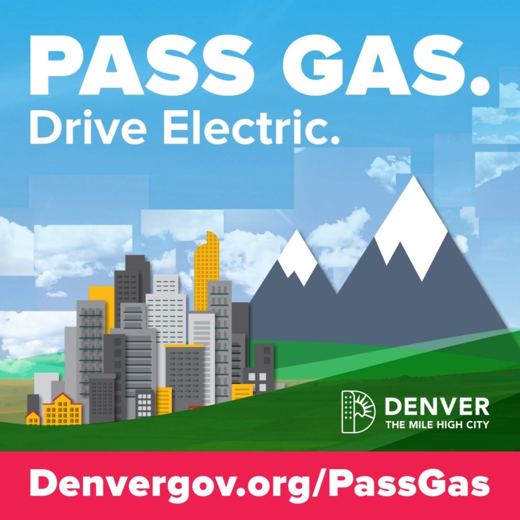 Pass Gas. Drive Electric. Illustration of Denver city with mountains