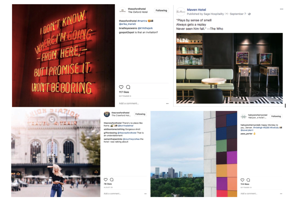 four social media posts with images, captions, and comments