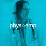PhysEmp Logo overlaying a smiling female physician