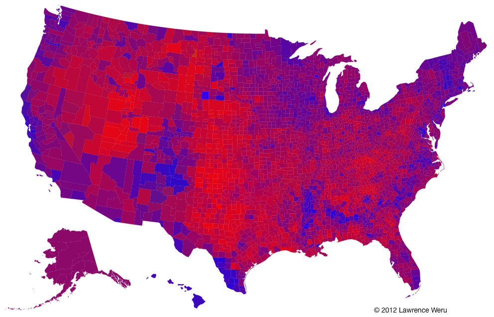 This "purple" election map makes it hard for the eye to distinguish between different shades of purple, ultimately muddling the information it so clearly tried to accurately represent.