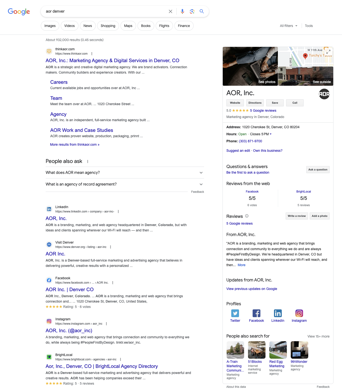 screenshot of the knowledge panel on Google for AOR
