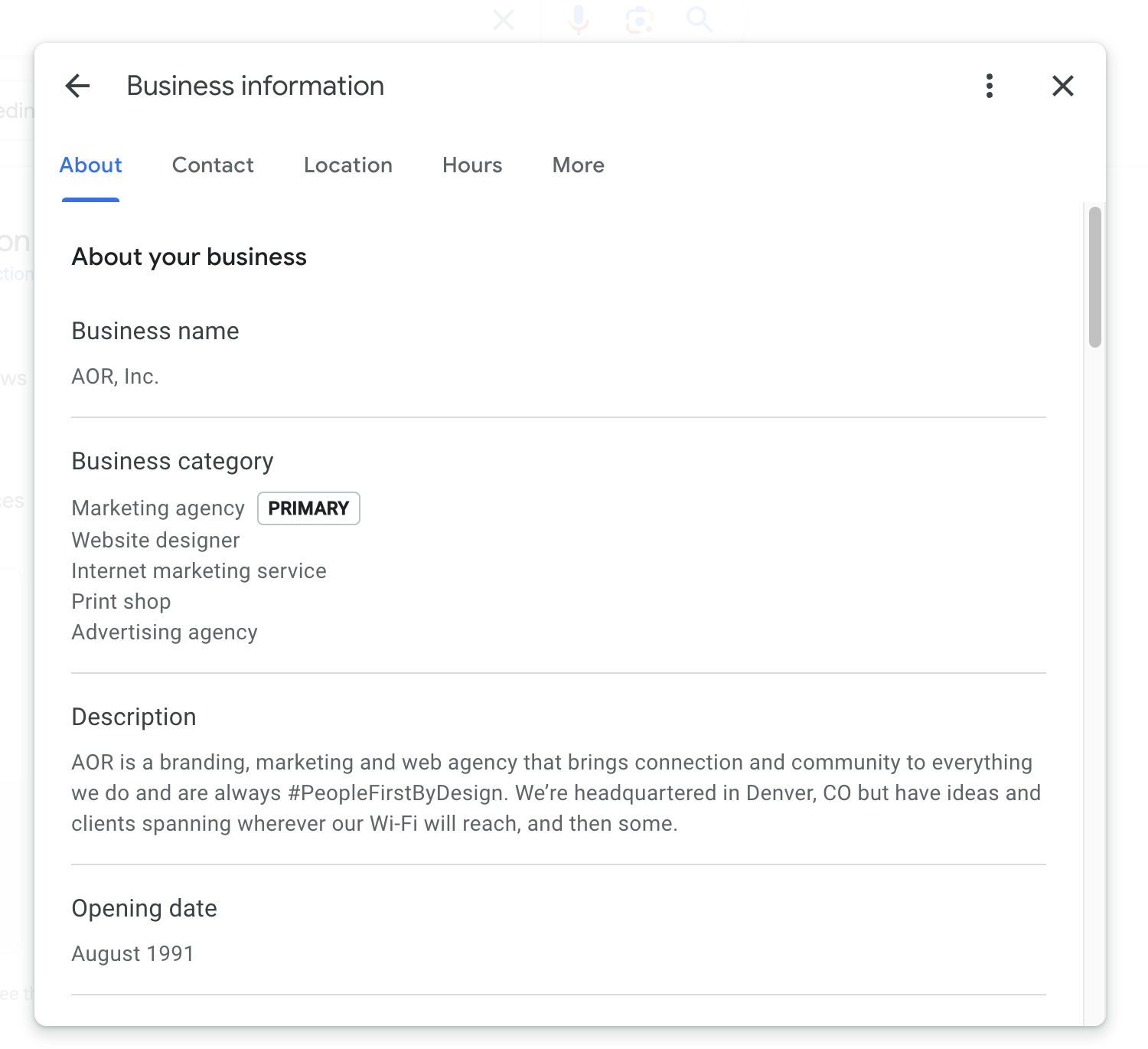 business panel of Google Business profile