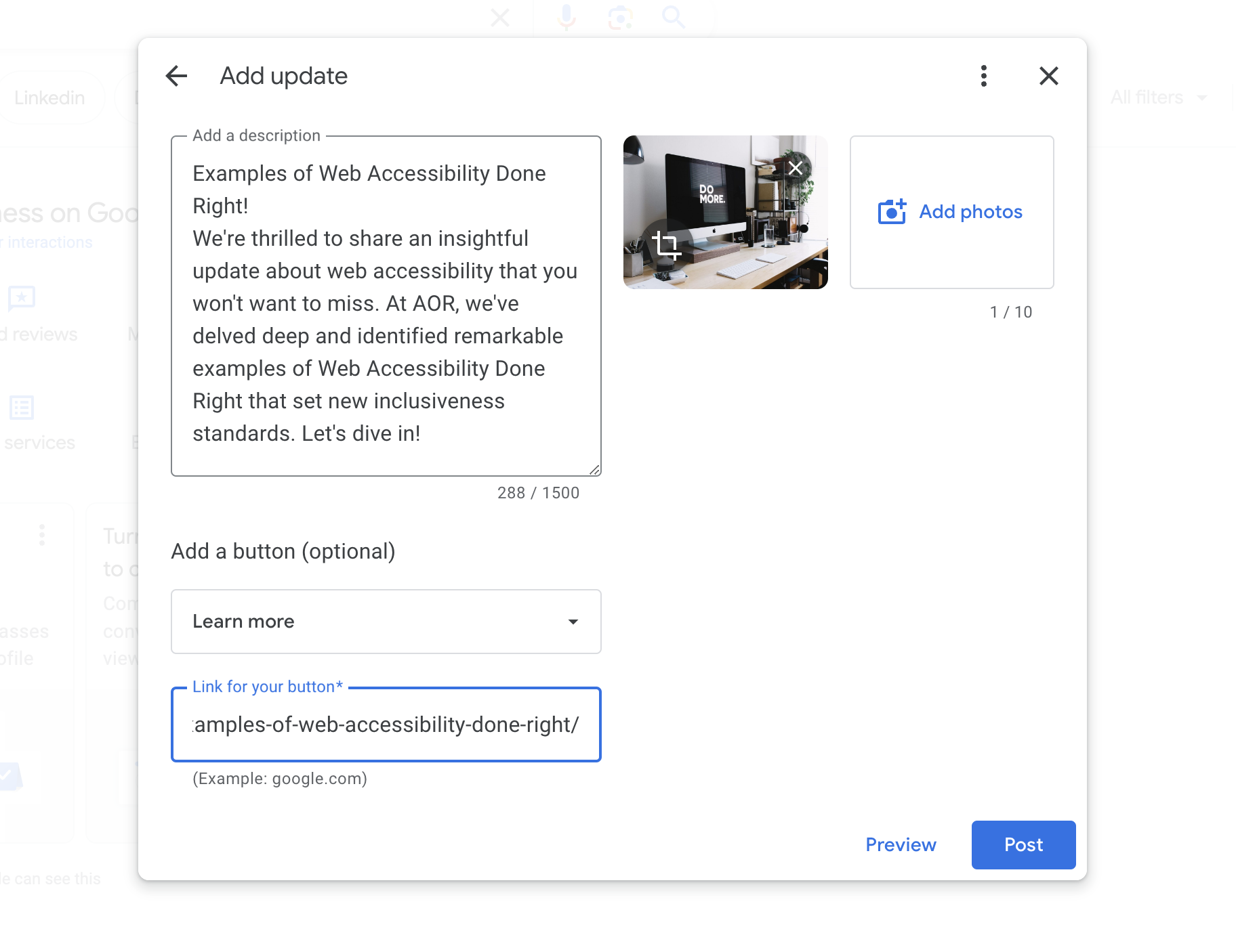 Google Business Profiles dashboard updates panel post