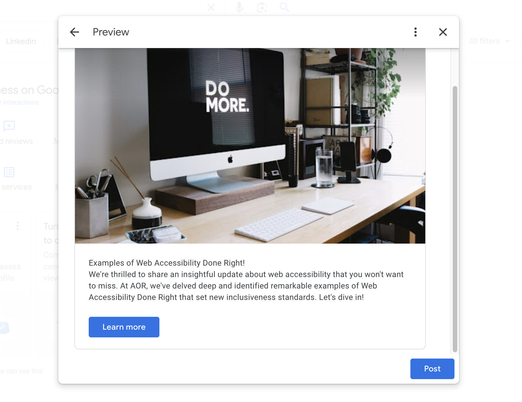 Google Business Profiles dashboard updates panel preview