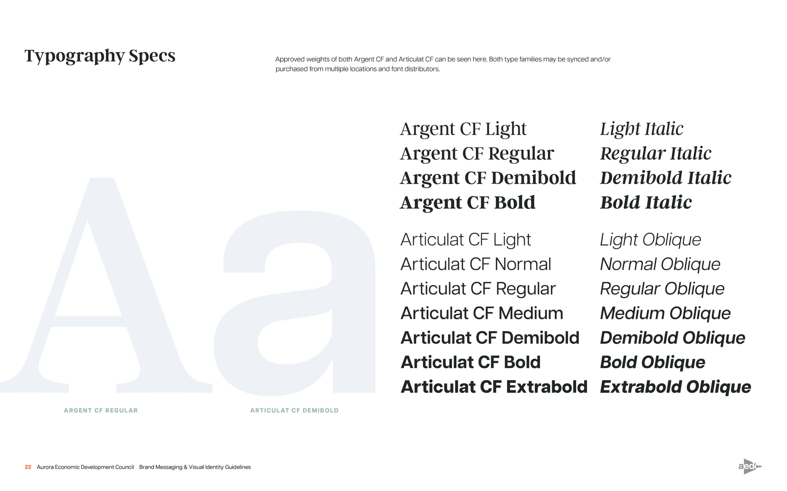 a page from the AEDC brand guidelines outlining the typography rules