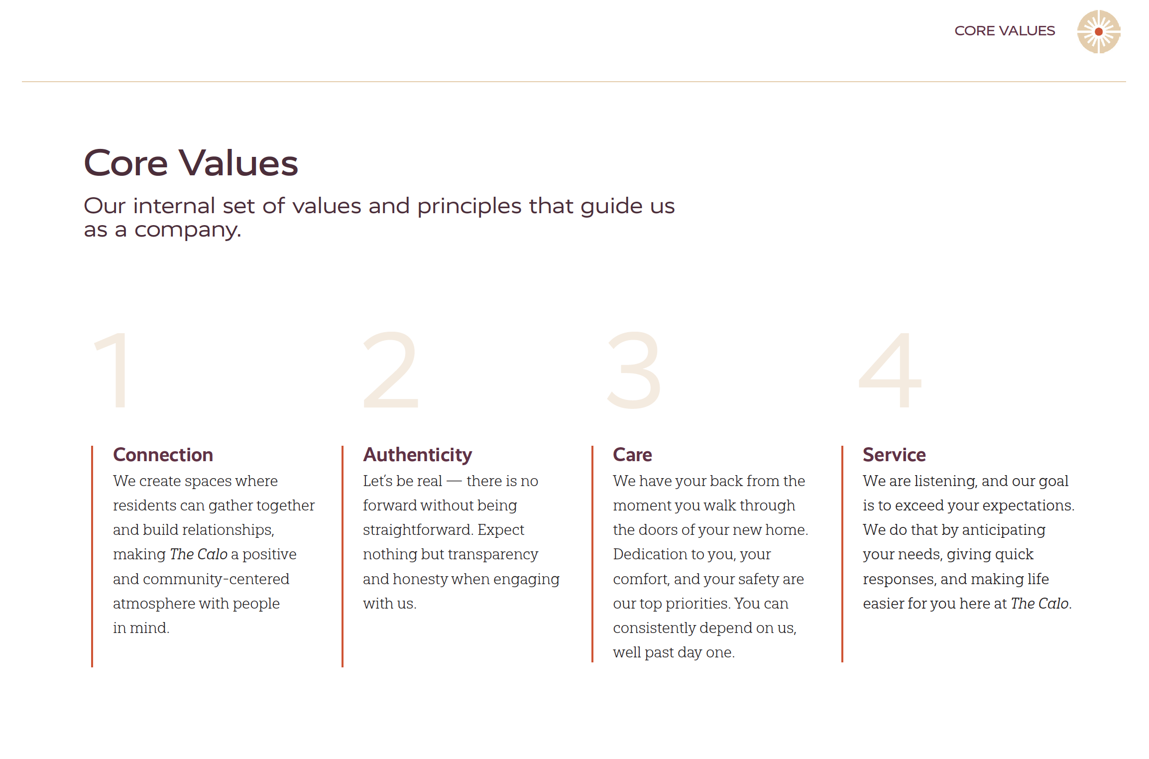 core values in a brand guide for The Calo