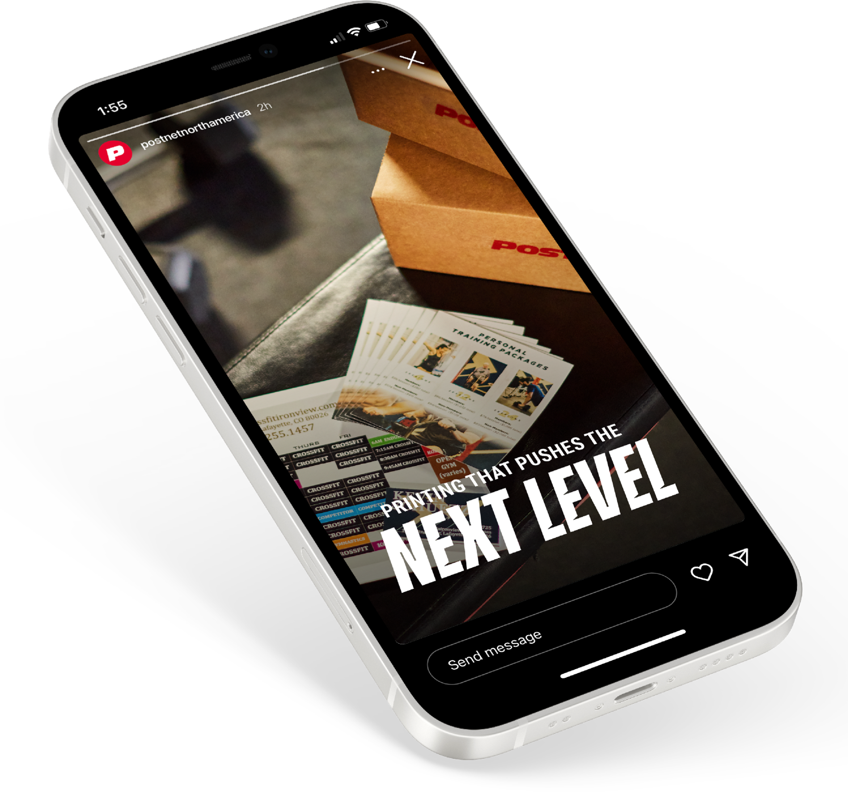 a phone mock-up with koda crossfit postnet collateral pictured