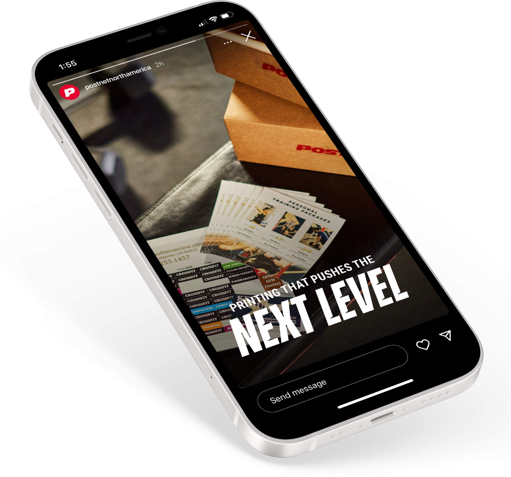 a phone mock-up with koda crossfit postnet collateral pictured