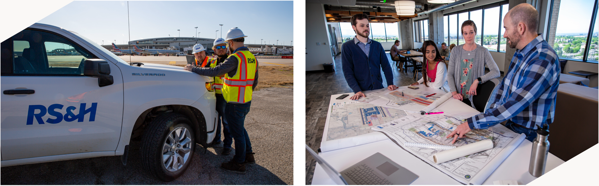 workers talking by a car and working talking around a table with blueprints on it