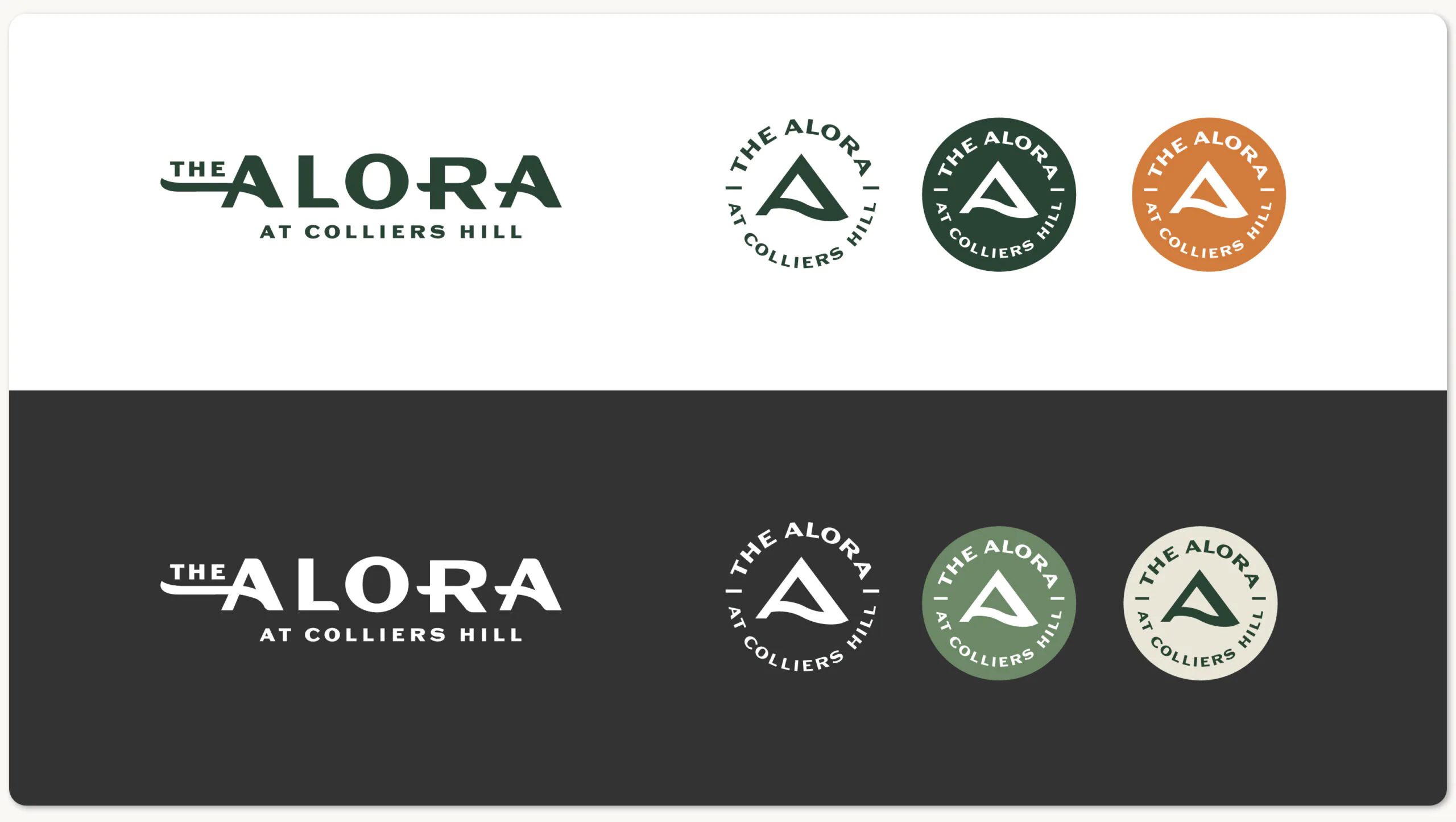 The full suite of Alora logos including full logo marks and badge logos in 8 color variations